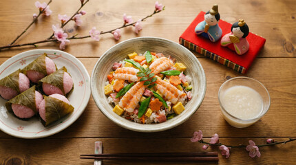 ひな祭りの食事　ちらし寿司・桜餅・甘酒