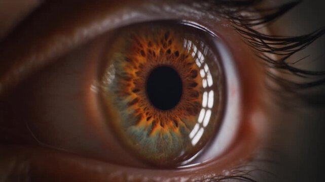 A close-up view of a human eye with a vibrant iris reflecting light, capturing the intricate details of the eye's structure.