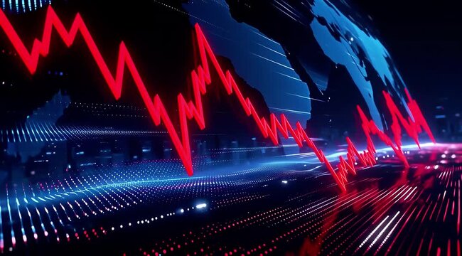 Financial graph showing fluctuating market trends with red and blue lines on a dark background