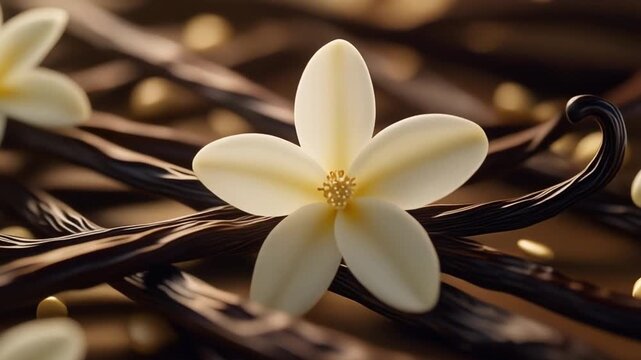 Vanilla flower blossoming among dark brown vines in a serene, natural setting