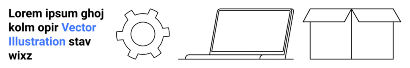 Obraz premium Gear, laptop, and open box signifying collaboration, technology, innovation, organization, development, product delivery. Ideal for business system design workflow simple landing page