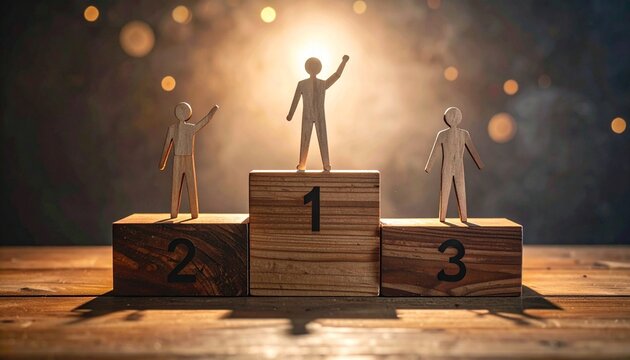 "Wooden podium with three levels labeled 1, 2, 3, each with figurine symbolizing ranking positions."