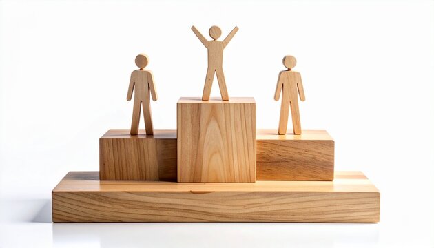 "Wooden podium with three levels labeled 1, 2, 3, each with figurine symbolizing ranking positions."