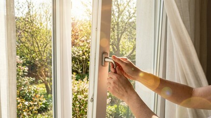 Close up of a person's hands opening a bright home window with green garden view on a sunny day for fresh air concept and natural light