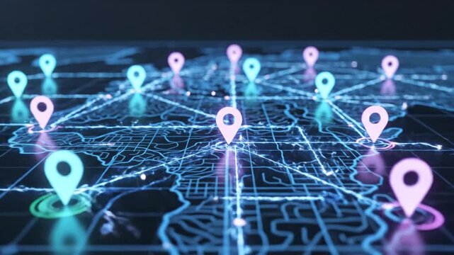 Cinematic slow motion footage of luminous digital location pins connected across a global map interface, depicting navigation technology and network connectivity in 4K resolution