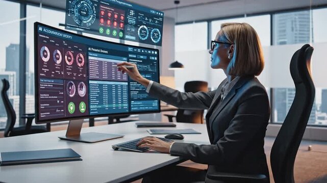 Professional male executive utilizing advanced artificial intelligence and futuristic digital software for corporate salary administration and financial payroll management in modern office