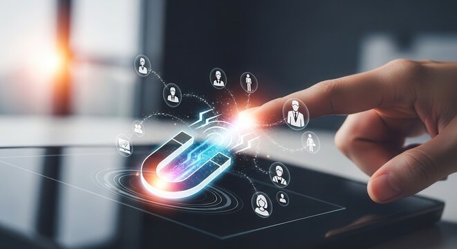 Finger pressing a glowing magnet symbol to attract new leads and potential customers.