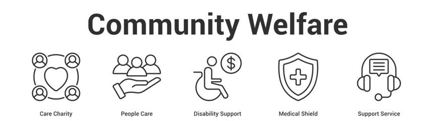 Obraz premium Community Welfare web banner icon set vector illustration concept for business with icon of Care Charity, People Care, Disability Support, Medical Shie.