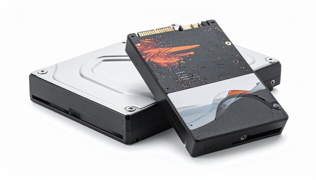   
SSD and HDD stacked together, sleek solid-state drive above metallic hard disk drive, contrasting modern and industrial designs.