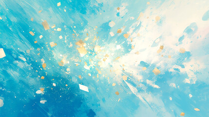 Obraz premium 抽象的な明るいブルーの背景に舞う白と金色の紙吹雪のようなイラスト