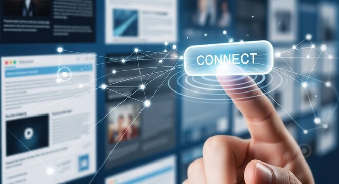 Finger pressing a virtual link button to connect resources and integrate web pages.