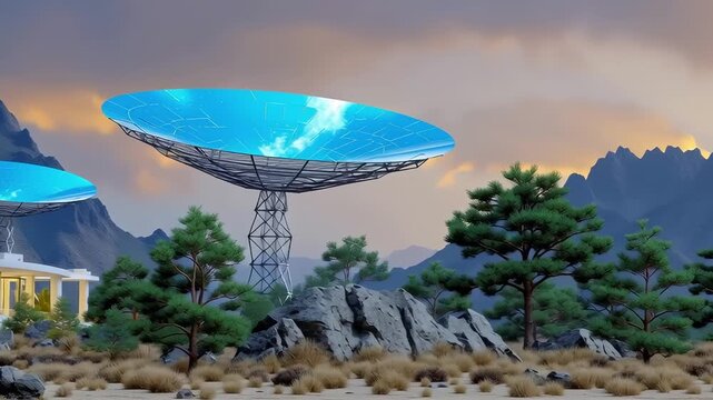 Futuristic satellite dish desert landscape sci fi antenna blue reflective technology mountain observatory digital sky alien research base modern architecture dry terrain remote research station