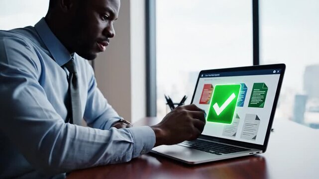 Cinematic slow motion footage of a professional male businessman reviewing digital documents on a laptop computer with checkmark and file icons in a modern corporate office environment.