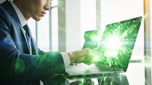 Cinematic professional businessman operating portable laptop computer for digital document management and paperless office storage system within a modern corporate workspace setting