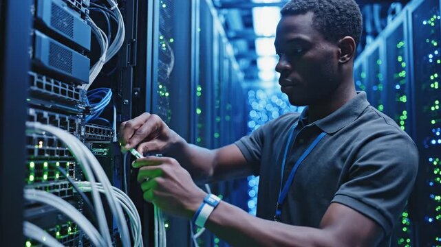 Professional male IT technician maintenance specialist inspecting hardware equipment inside high-tech server room data center facility with glowing blue led lights for network storage hosting