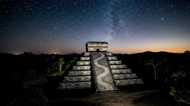 Chichen Itza Pyramid Hyperlapse from Night to Sunrise - Ancient Mayan Ruins in Jungle