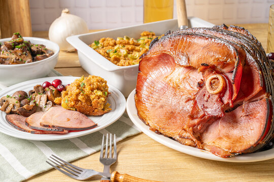 Christmas holiday ham with stuffing. Festive dinner meal