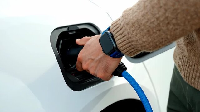 Close-up of a person's hand plugging a blue charging cable into an electric car. Natural outdoor lighting. Focus on the connection and technology.