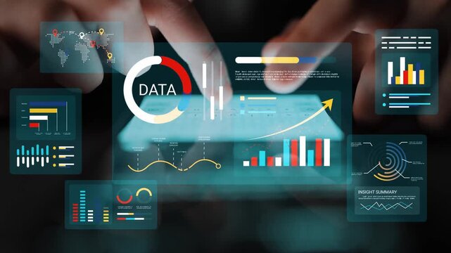 Modern Data Analysis Interface with Graphs and Charts, Hands Interacting with Digital Touchscreen on Background of Global Data Visualization Gluon.