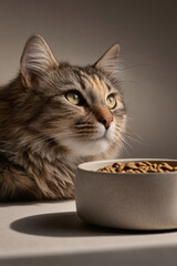Calico cat lounging beside a minimal ceramic bowl of dry pet kibble on a warm gray background