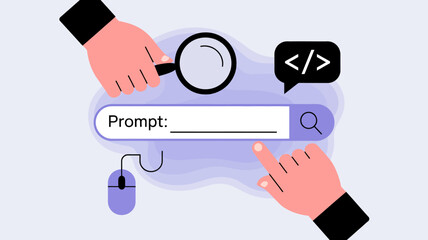 An illustrative image depicts hands interacting with a digital interface including a magnifying glass over code brackets and a search bar high quality professional detailed modern