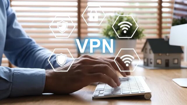 Close up of hands typing on a keyboard with glowing VPN security icons overhead. Demonstrates digital network protection and online privacy technology.