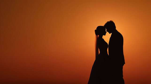 romantic wedding couple silhouette at golden sunset, minimalist bride and groom silhouette under orange sky, elegant wedding photography during sunset hour
