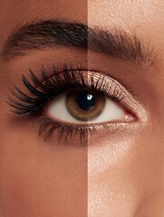 Fototapeta premium Before and after: A transformation from bold, dark lashes to soft, glamorous brown lashes for an everyday sophisticated look.