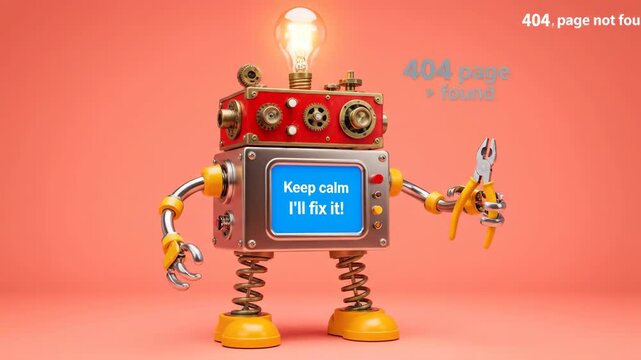 A charming retro robot with a lightbulb for a head and a screen displaying '404 Page Not Found' holds a pair of pliers against a vibrant orange studio background.