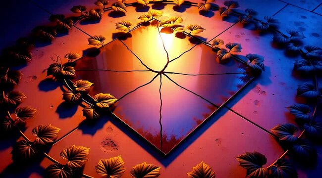 Broken mirror on floor surrounded by leaves in colorful lighting conditions.