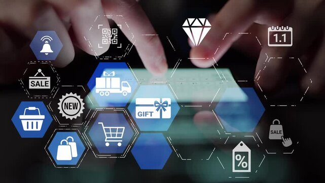 Digital gift card icons show e-commerce, payment, and digital gift card redemption. Digital gift card supports online shopping, secure payment, and customer loyalty programs. Funnel