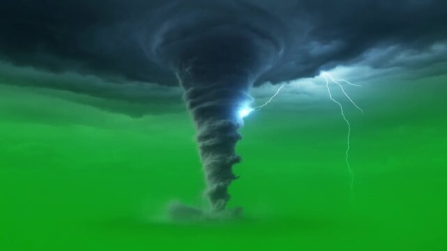 Tornado funnel lightning strike extreme weather danger power nature storm chaos destruction impact fear on green screen background