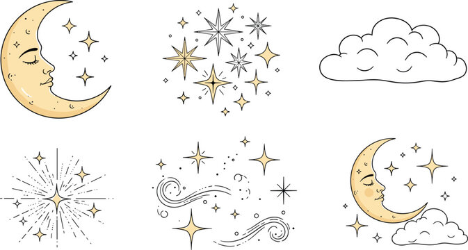 Mystical moon and stars celestial set with crescent moon face, twinkling stars, clouds and wind icons on white background.