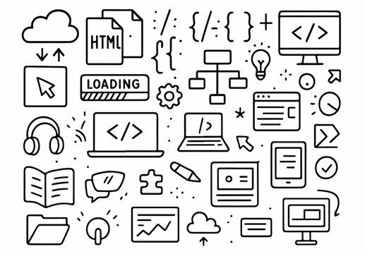hand drawn doodle vector set of web development icons illustrated in a fun sketchy outline style isolated on white background