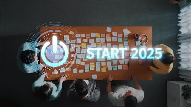 A top-down view of a diverse group of professionals collaborating on ideas for the year 2025, surrounded by colorful notes and a digital power symbol to inspire. Raster