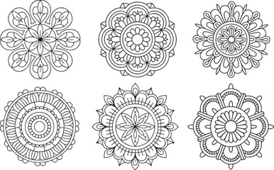 Set of intricate floral mandala designs for coloring and decoration  various patterns and shapes  circular motifs