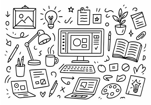 hand drawn doodle vector set of creative workspace elements illustrated in a fun and playful style isolated on white background