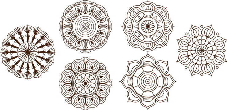 Six mandala designs in various shapes and patterns for art and decoration purposes  mandalas
