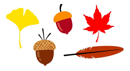 A collection of autumn-themed illustrations featuring a ginkgo leaf, acorn, red maple leaf, feather, and acorn cap in a flat design style © charli