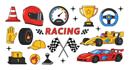 A vibrant collection of racing-themed icons and symbols on a clean white background, showcasing various elements of the sport. © charli