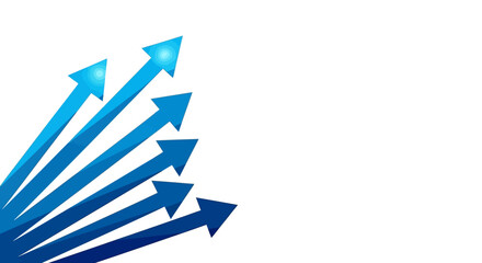 Multiple arrows pointing upwards in different shades of blue, originating from a common point, depicted in a graphic illustration from a straightforward viewpoint.
