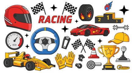 Vibrant racing icons and symbols collection for motorsport events and competitions displayed in a lively arrangement © charli
