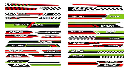Collection of racing decals and stickers with speed and sport themes in red, green, and black on a white background, showcased from a straight-on viewpoint © charli