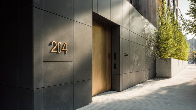 Minimalist Brass Number 204 Shines on Dark-Grey Matte Door in Urban Setting Near Trees in the Background