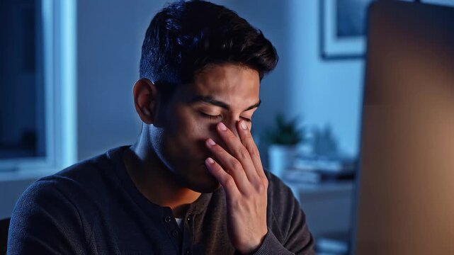 Man Covers Face While Working on Computer in a Home Office, Frustrated Expression, Mid-Action Portrait