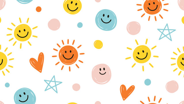 Playful sun doodles and smiley faces pattern.