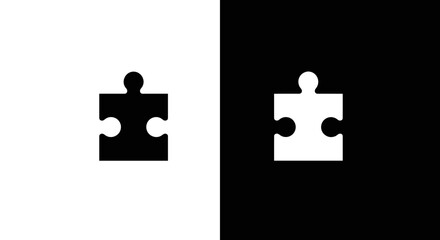 Puzzle Piece Icon Set in Black and White, Minimal Jigsaw Solution Symbol on Square Background