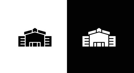 Warehouse Building Icon Set in Black and White, Minimal Storage Logistics Facility Symbol on Square Background