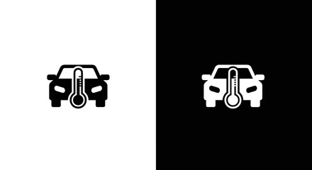 Car Temperature Warning Icon Set in Black and White, Engine Overheating Thermometer Symbol on Square Background