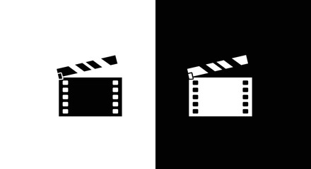 Film Clapperboard Icon Set in Black and White, Minimal Movie Production Slate Symbol on Square Background
